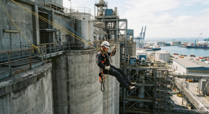 Técnico con certificación IRATA descendiendo por cuerdas en estructura industrial con arnés y casco de seguridad
