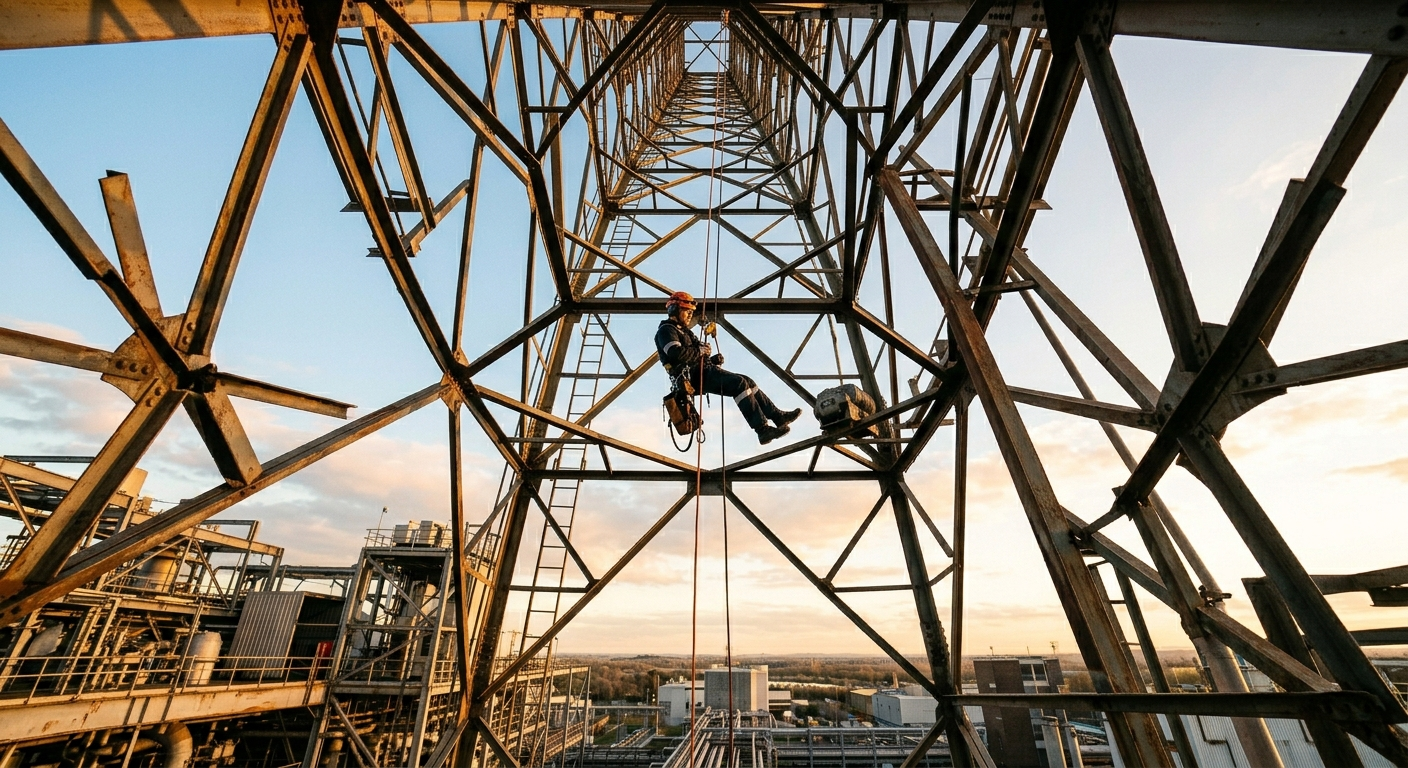 Técnico de acceso por cuerda IRATA suspendido en doble cuerda sobre estructura industrial con equipo de seguridad completo